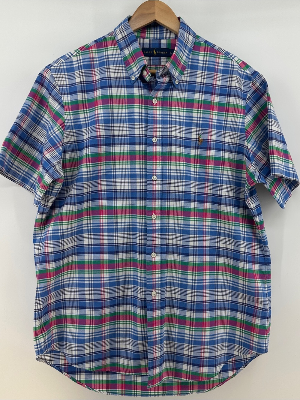 Ralph Lauren Plaid Short Sleeve Button Down Shirt Men’s Large Pony Logo